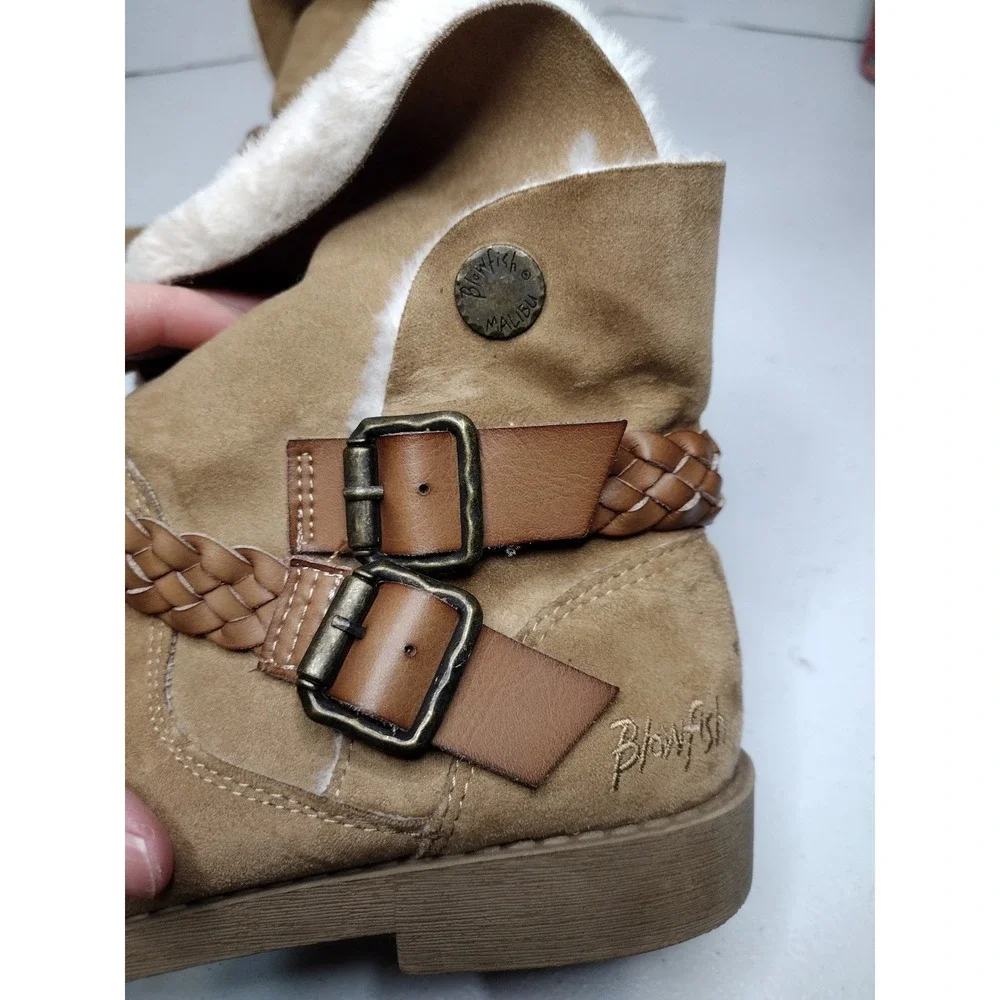 Blowfish Malibu Kids Tan Faux Fur Lined Ankle Boots Braided Buckle Size 3